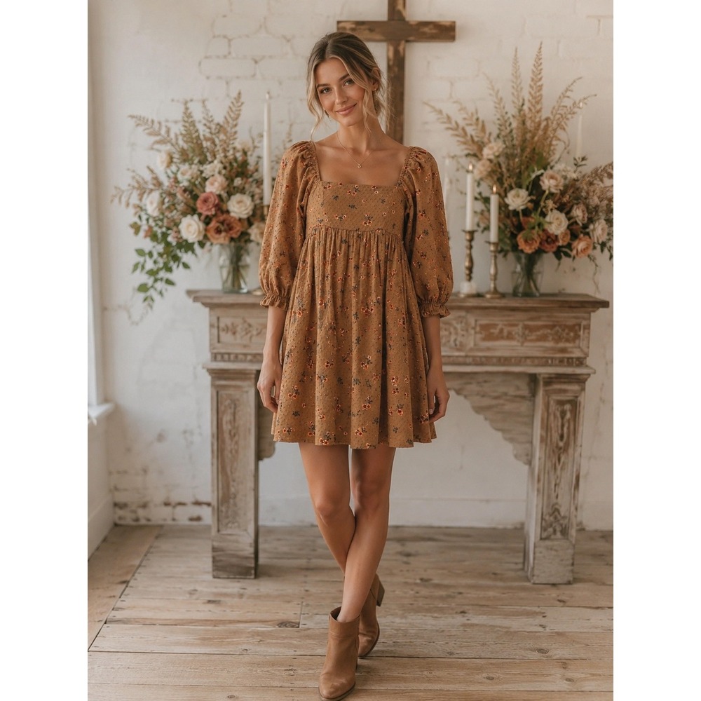 Altar'd State Floral Clip Dot Puff Sleeve Babydoll Mini Dress Rust Brown XS